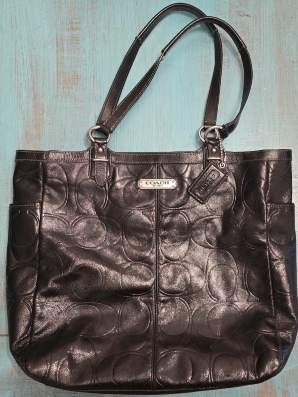 Vintage COACH Gallery Embossed Black Patent Leather Medium Tote Bag F19462